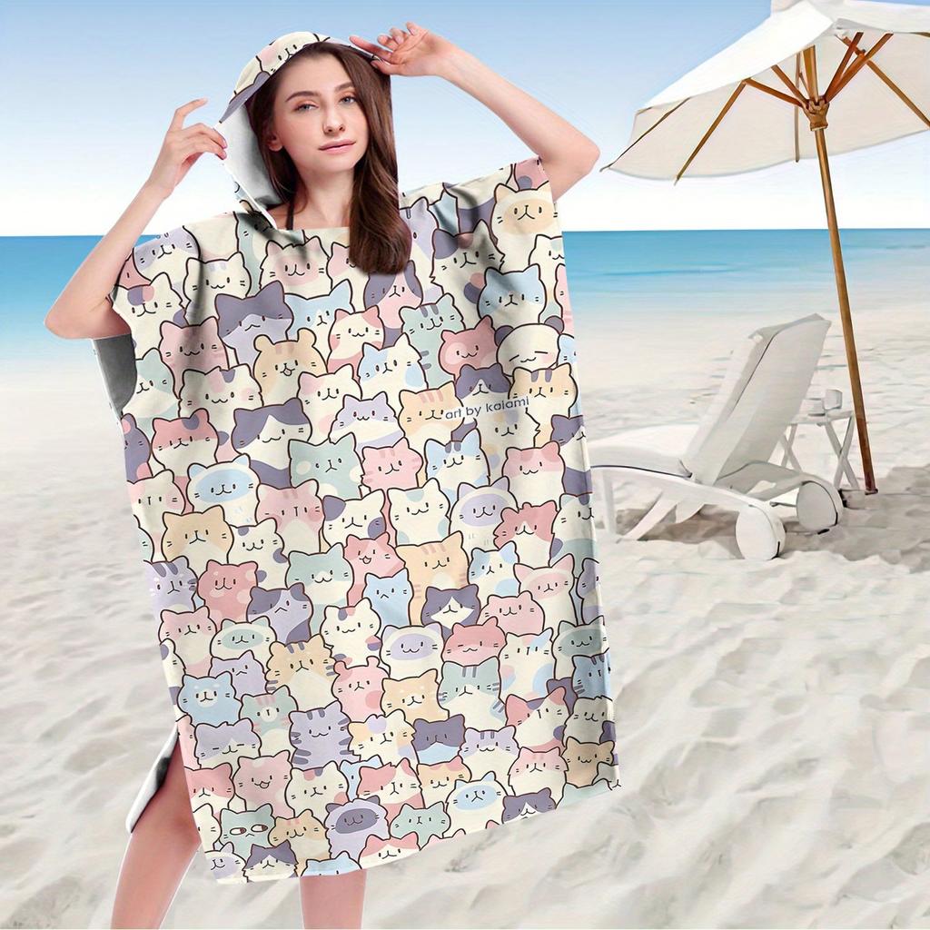 Kawaii Kitten Print Hooded Beach Towel Quick Dry Microfiber Bath Robe Poncho Flat Print for Swimming Pool Outdoor Party Gift