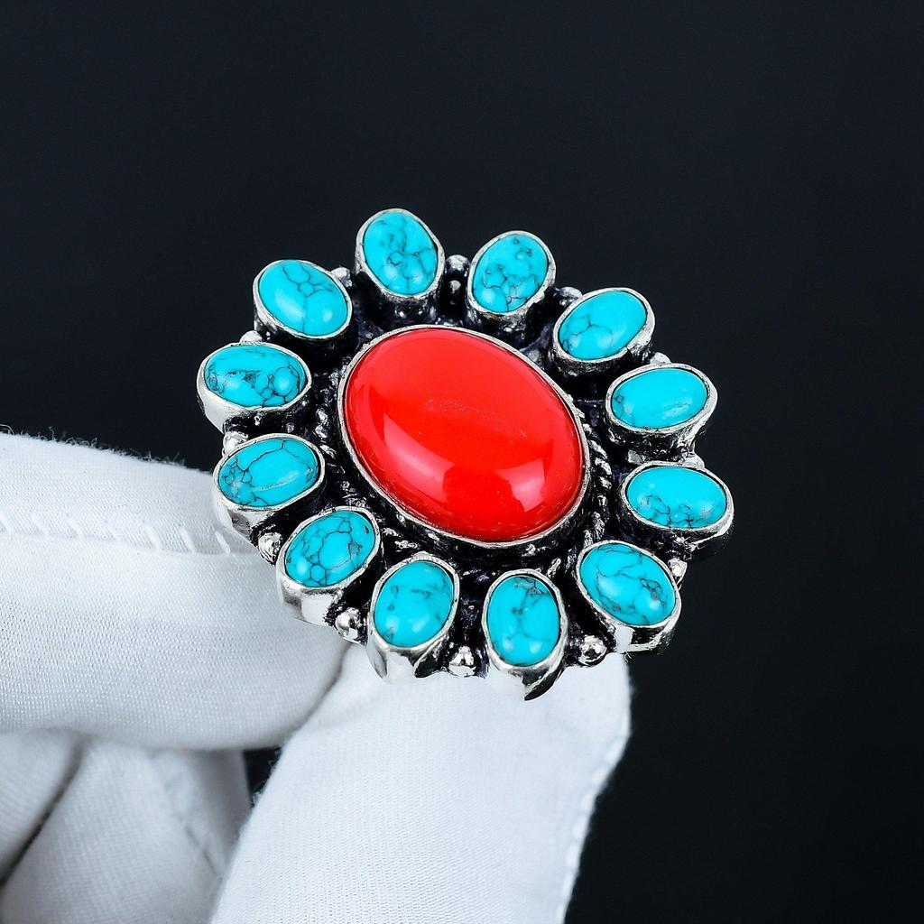 Turkis, Rød Korall Edelstensring, 925 Sterlingsølvring, Gave til henne, Oval Stein, Elegant Håndlaget Ring, Turkis Blomst Sølvring Gave