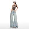Spring Summer Light Blue Cat Whisker Washed Cotton Straight Leg Gardener Style Comfy Denim Long Pants Women Casual Pants Oversize Denim Trousers