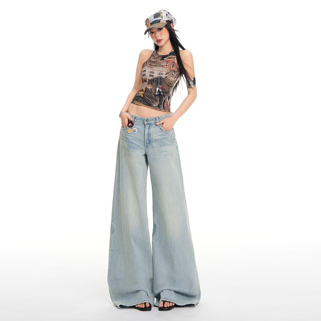 Spring Summer Light Blue Cat Whisker Washed Cotton Straight Leg Gardener Style Comfy Denim Long Pants Women Casual Pants Oversize Denim Trousers