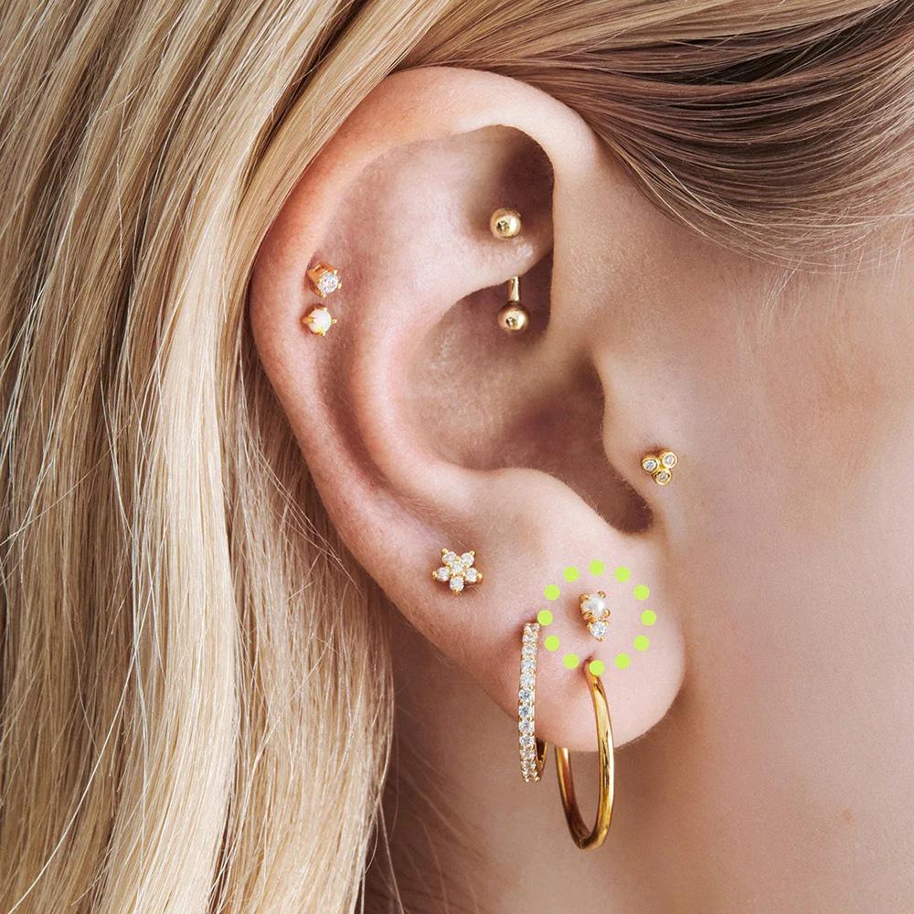 S925 Sterling Silver Geometric Moon Cartilage Earrings with Flat Head Threaded Studs