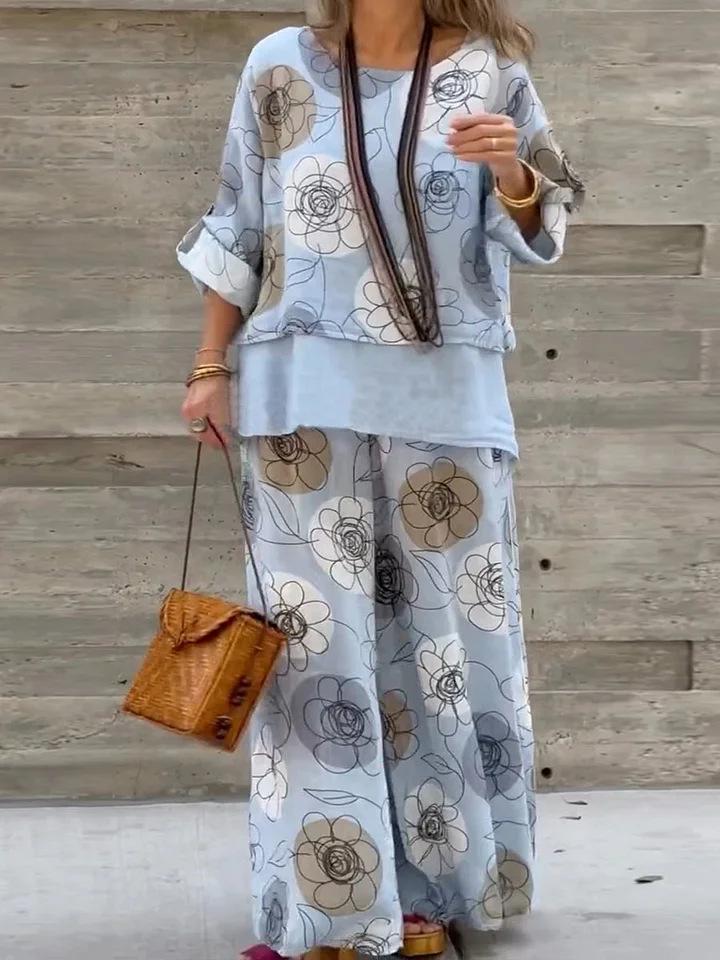 Women Bohemian Floral Print Two Piece Set V Neck Top Wide Leg Pants Casual Vacation Outfit