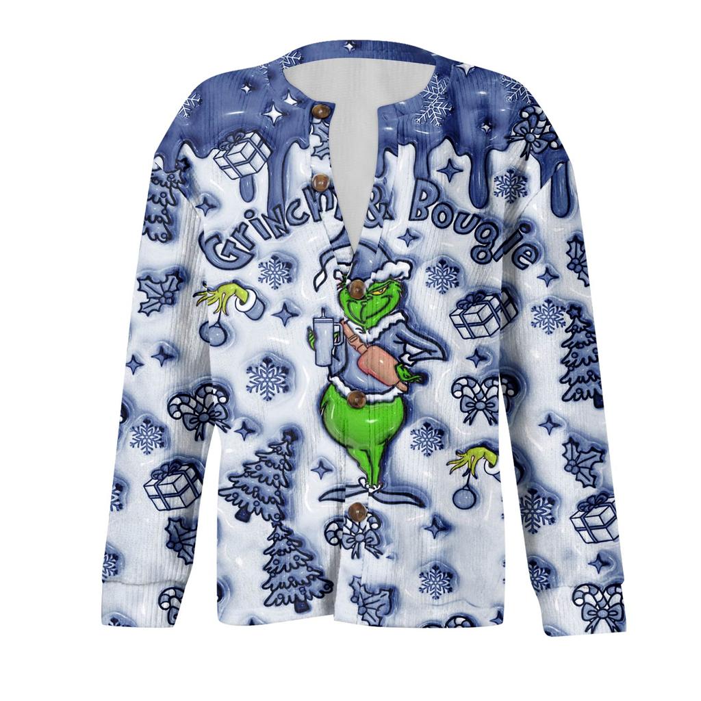 Women's Fashion Christmas Printed Long Sleeve Knitted Cardigan Button Down Jacket