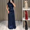 Women's Summer Satin Sleeveless Maxi Dress, Ruched Crew Neck Evening Long Prom Dress, High Slit Party Cocktail Wedding Gown