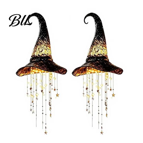 Decorazione Cappello da Strega Illuminato 2 Pezzi Campanella Appesa in Rete Nera Luminosa, Lampada Scintillante Decorazioni per Eventi Festivi con Stelle a Cascata per Finestra