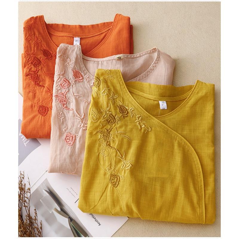 New Summer Style 700-quarter Sleeve Embroidered Shirt for Women's Literary Retro Loose Embroidered Cotton and Linen Top