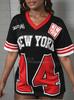 2026 Damen Amerikanischer Stil NEW YORK 13 Aufdruck V-Ausschnitt Kurzarm T-Shirt Sommer T-Shirt Baseball Trikots Gestreift täglich Sport T-Shirt