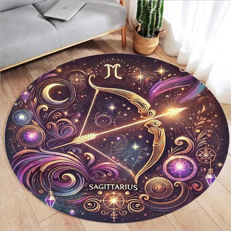 Zodiac Print Round Rugs Kids Room Floor Mats Non-Slip Living Room Rugs Washable Flannel Carpet for Home Decor Mat