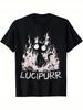 Men's Gothic Lucipurr & Bat-Winged Cat Print T-Shirt - Oversized Streetwear Suitable for Halloween, St Patrick's Day, Ramadan - Plus Size Loose Fit Cr