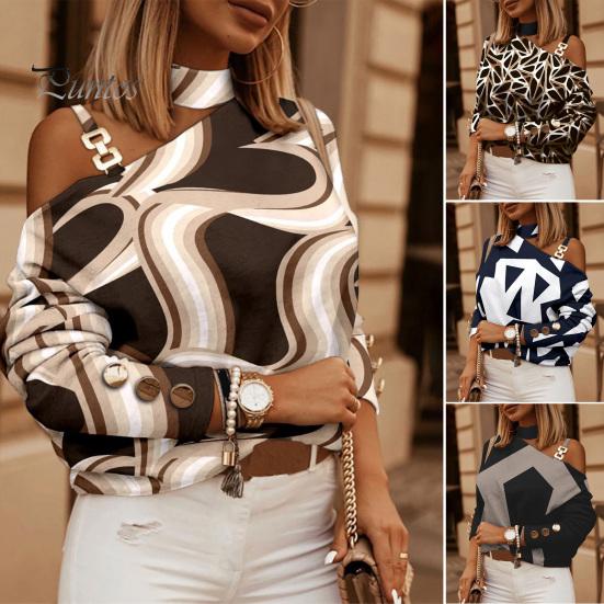 Autumn Blouse Women Top Long Sleeves Contrast Color Diagonal Collar Geo Printing Lady Spring Shirt One Shoulder Warm Elegant Chain for Shopping