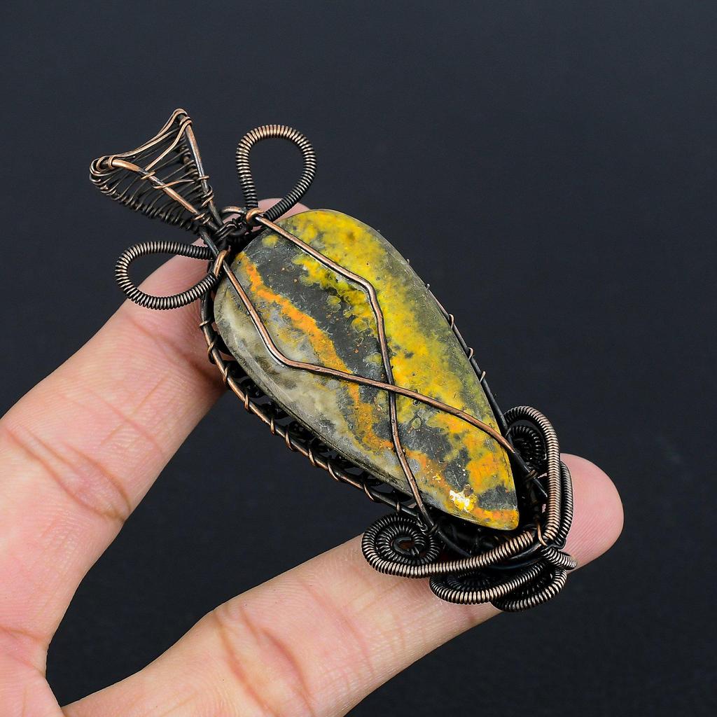 Bumble Bee Jasper Jewelry, 999 Copper Wire Wrapped Gemstone Pendant, Handmade Pendant, For Memorial Day