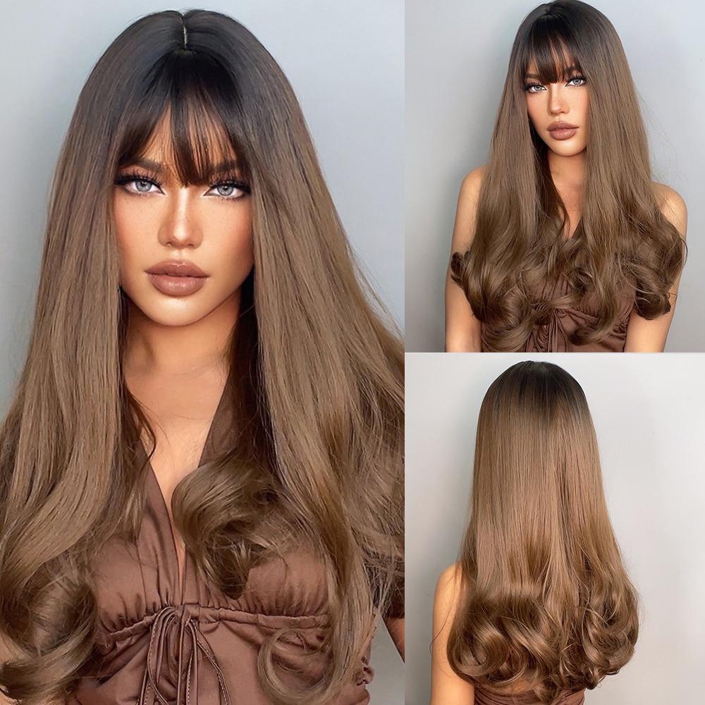 ALAN EATON Long Wavy Synthetic Wigs with Bangs for Black Women African American Ombre Black Brown Cosplay Heat Resistant Hair