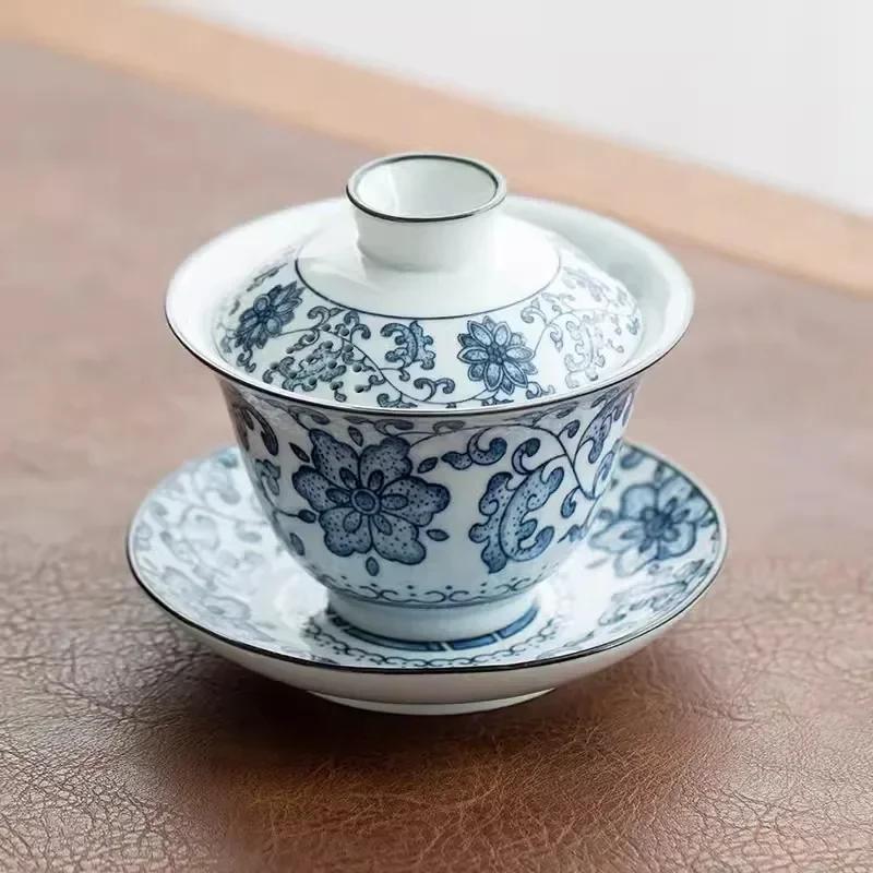Retro Blue and White Porcelain in Glaze Decoration, High Temperature Fired Ceramic Gaiwan, Kung Fu Tea Set, Brewing Household