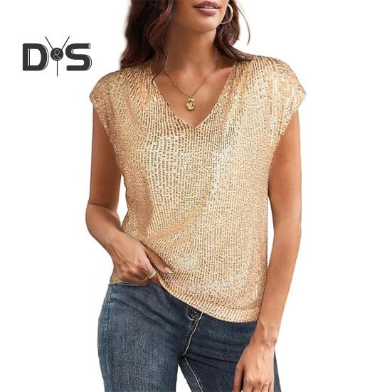 Women Vest Sparkling Sequin Tank Top V Neck Short Sleeve Elastic Party Tops Summer Loose Fit Vest Daily Wear