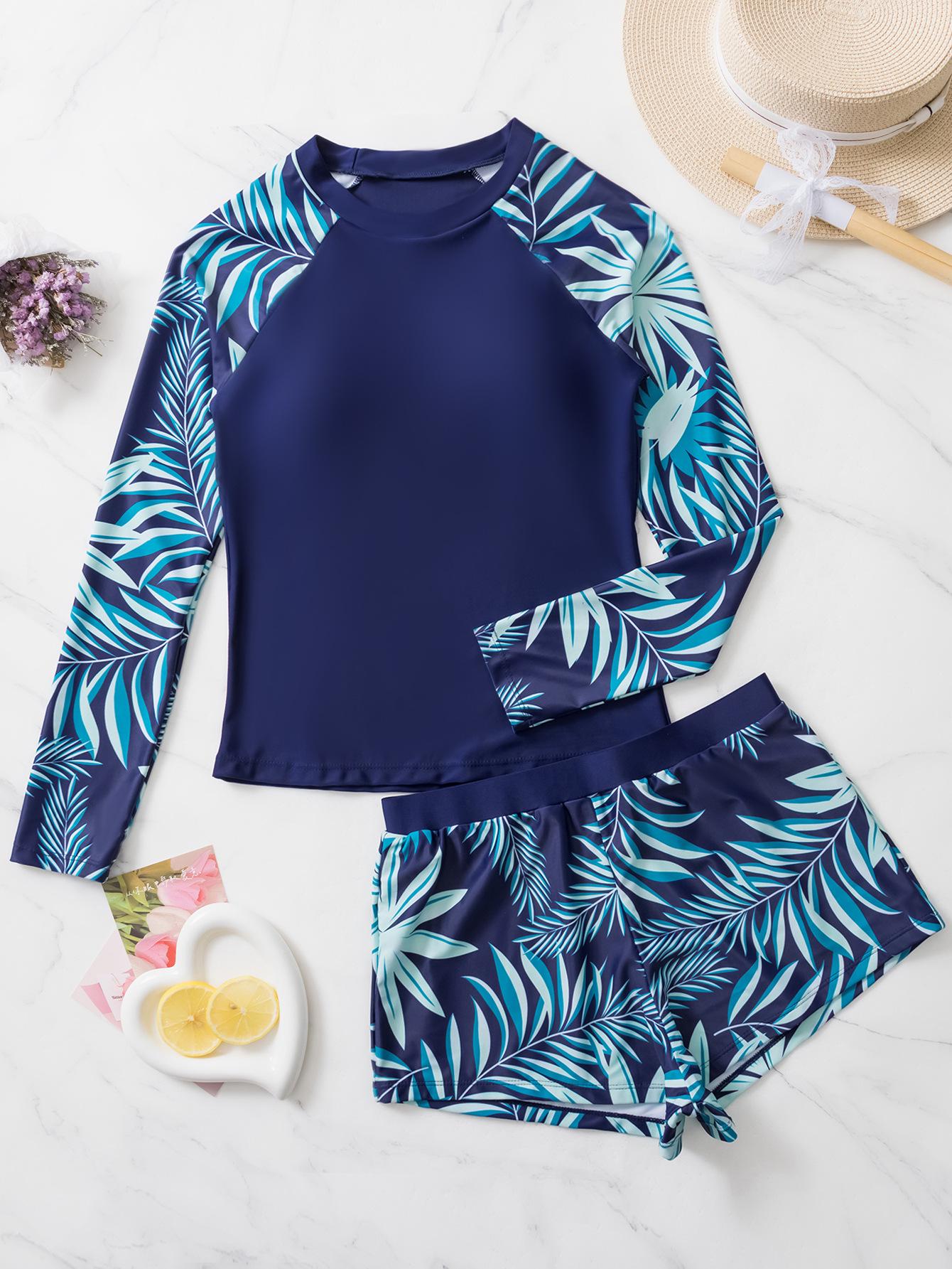 

Европейский и американский купальник с растительным принтом, спортивный, с открытой спиной, с длинным рукавом, комплект M синий