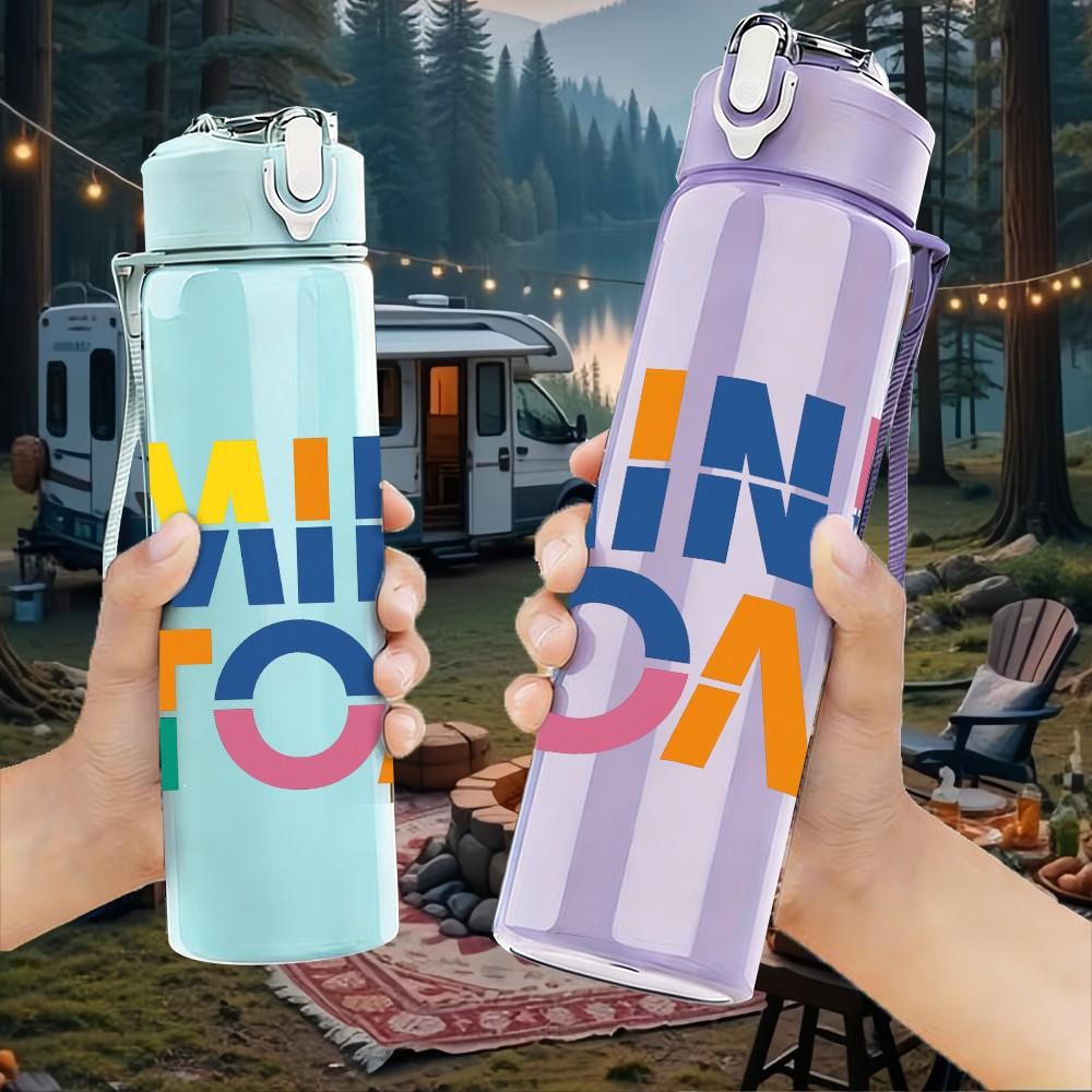 1PC Mini Tone Color Letter Art 750ml Color Plastic Sports Water Bottle Leakproof Flip Straw Lid Suitable for Sports Office Home Use