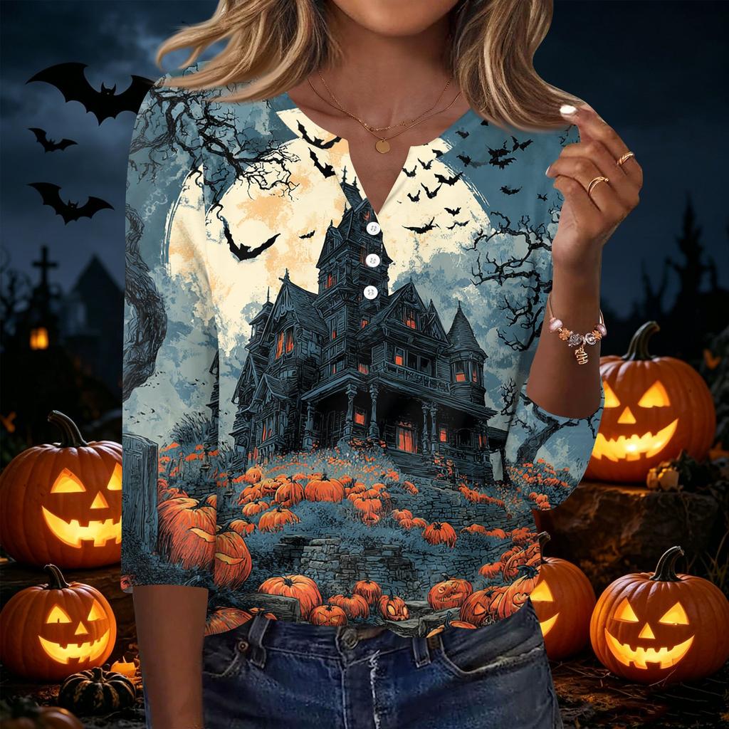 Women V Neck Button Three Quarter Sleeve Top Halloween Print Casual Loose Fit T Shirt for Daily and Holiday Wear