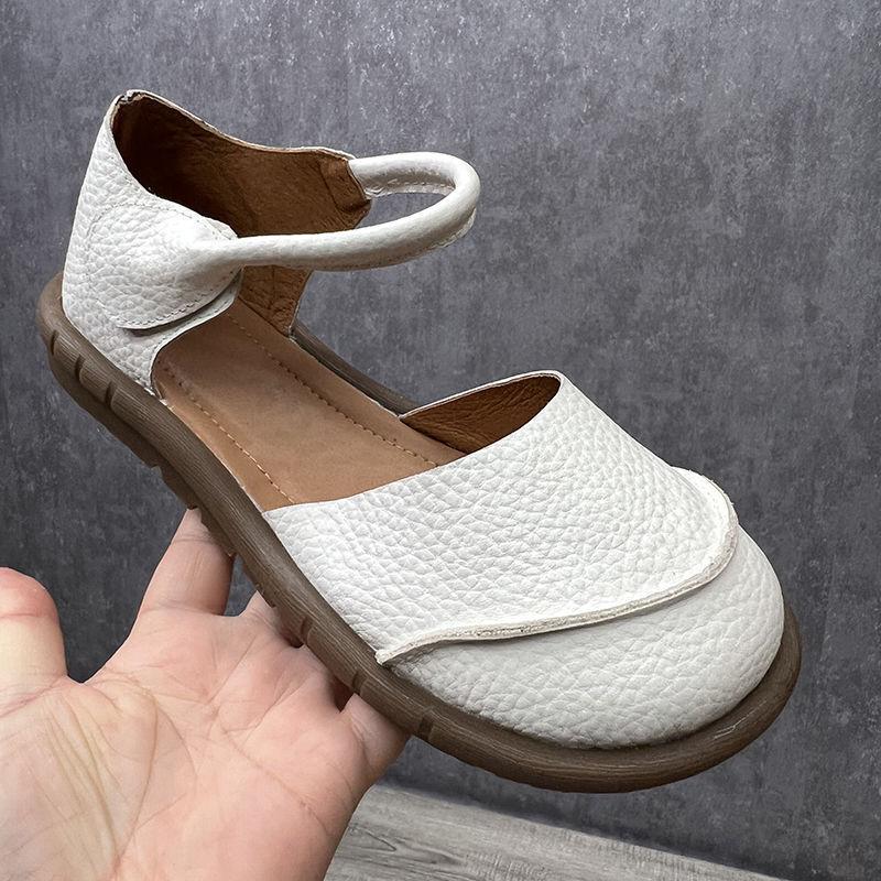 2025 summer new white flat bottom round head soft bottom bag head word with Velcro literary casual sandals women