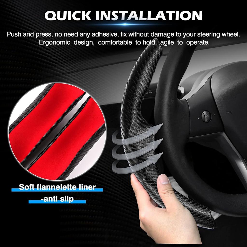 Black Steering Wheel Cover For Tesla Model 3/Y 2016-2025 2026 Juniper/Highland | Non-Slip, Segmented, -Fit, Carbon Fiber | Model Y Juniper