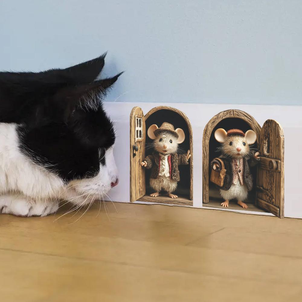 Cartoon Rat In Suit Opening Door Baseboard Sticker for Home Decor Self-Adhesive Removable Decal