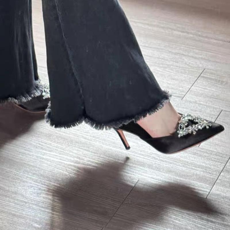 High Heels Spring and Summer Pointed Head Baotou Rhinestone Niche Temperament Thin Heels Beautiful Empty Slippers Are Not Tired