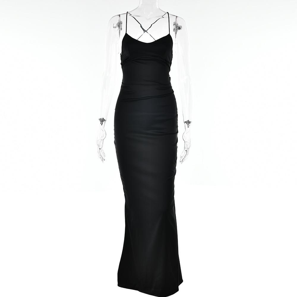 Women's V Neck Sleeveless Maxi Dress Slim Fit High Waist Mermaid Dress Satin Spaghetti Strap Criss Cross Back Tie Backless Wedding Party Long Dress