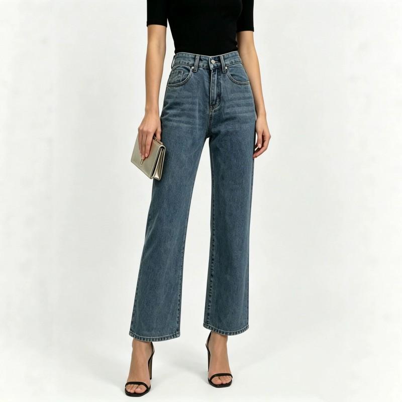Womens Low Rise Wide Leg Straight Jeans Retro Blue Heart Leopard Casual Denim Pants
