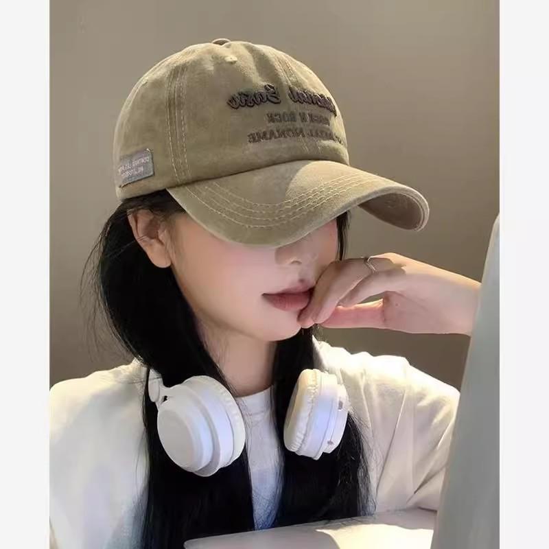 Letter Embroidered Baseball Cap Female American Retro Face-showing Small Peaked Cap Washed and Made Old Big Head Circumference Wide Brim Hat
