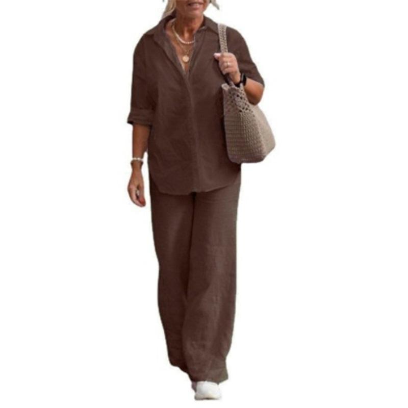 Women's  Linen Two Piece Set Casual Button Down Shirt Wide Leg Pants Outfit