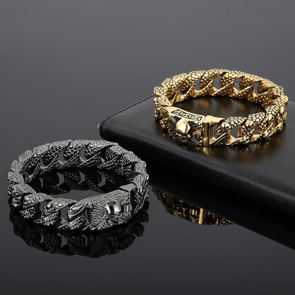 Kalen Vintage Stainless Steel Skull Cuban Chain Bracelets Men's Chunky Punk Golden Party Jewelry Gothic Heavy Accessories Gift