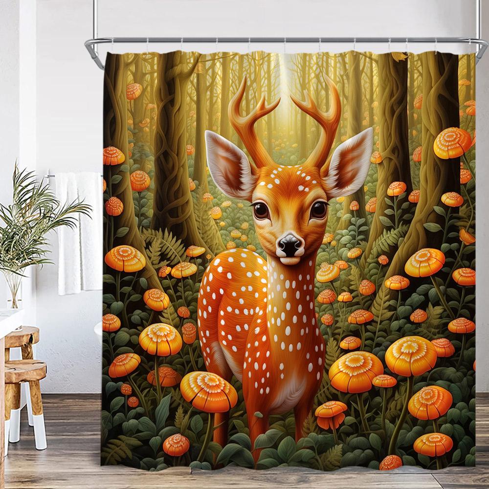 Herbstwald Duschvorhang Hirsch Hochlandrind Tiger Wildtier Natur Herbstlandschaft Badezimmerdekoration Polyester Duschvorhang