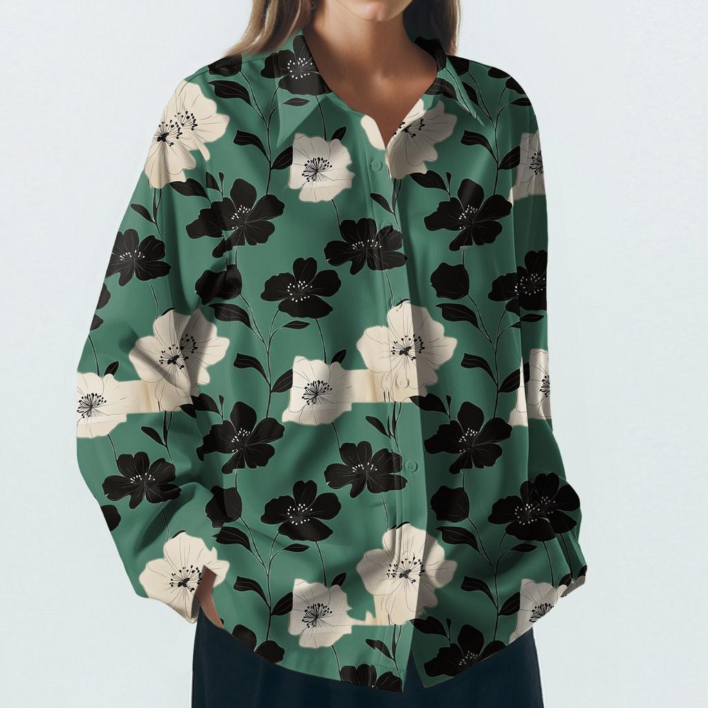 Women's Shirt With Floral Print Buttons, Long Sleeved Casual Regular Shirt Collar Top