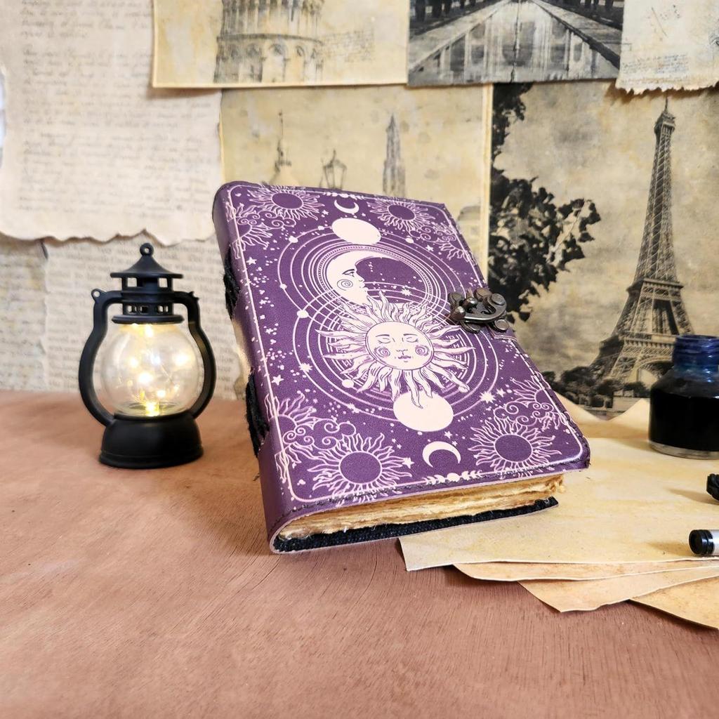 Vintage Sun Moon Leather Journal  Handmade  200 Deckle Edge Pages  C-Lock
