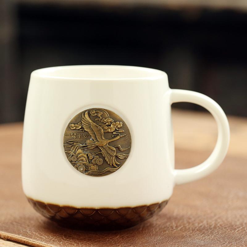 Ceramic Water Cup Mug With Copper Sheet And Bronze Medal Coffee Cup, Xingba Wind Can Print Fish Scale Milk Cup