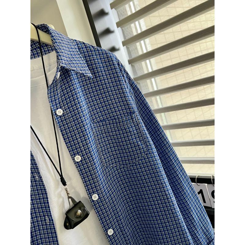 Man Jiang Yue Women's Korean Style Blue Plaid Long Sleeve Polo Shirt Cardigan