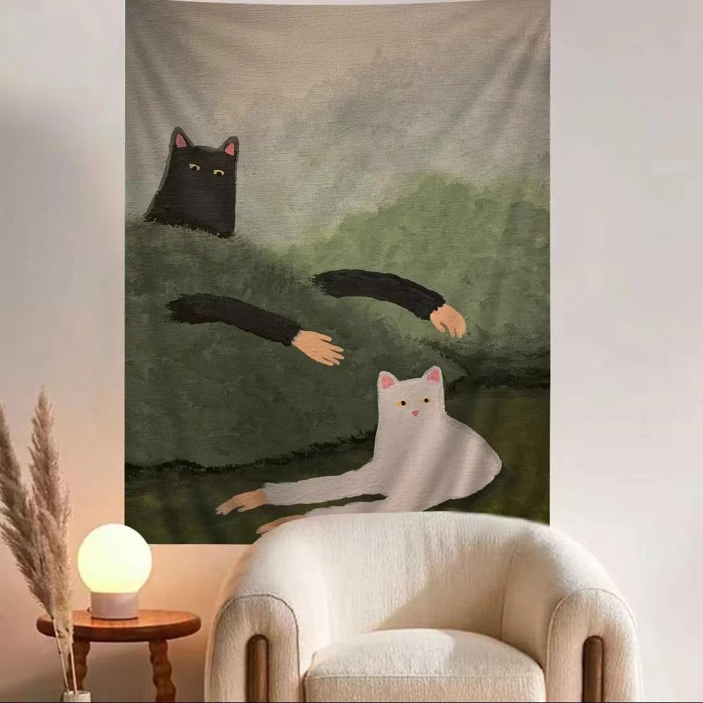 Creative Cat Cartoon Tapestry, Funny Wall Hanging For Living Room Decor, Cute Bedroom Office Wall Art Print