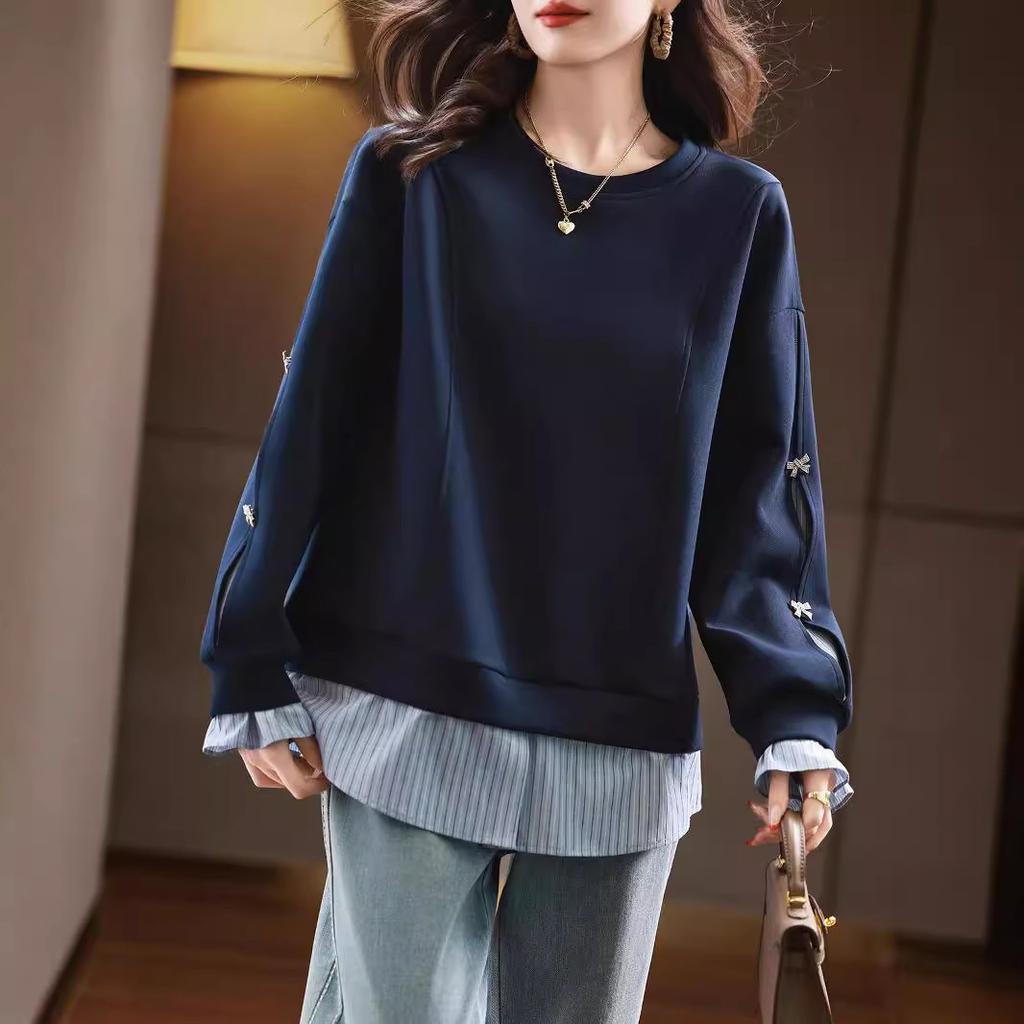 Fake Two-piece Sweatshirt for Women's Autumn New Fat Mm Loose Large-size Striped Top