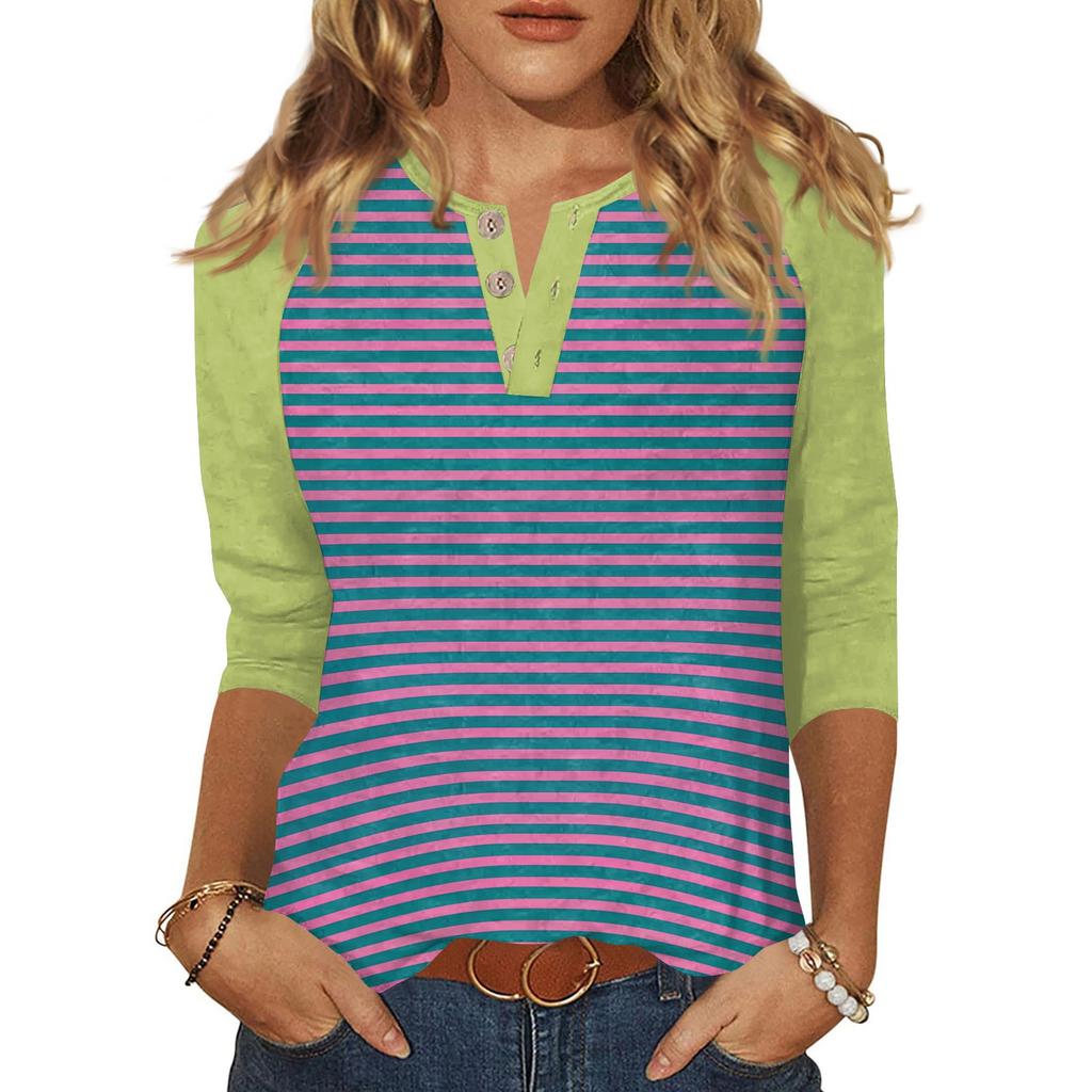 Damen T-Shirt mit Aufdruck, Knopfleiste, 3/4-Ärmel, für den Alltag, Wochenendmode, Basic, V-Ausschnitt, normales Oberteil