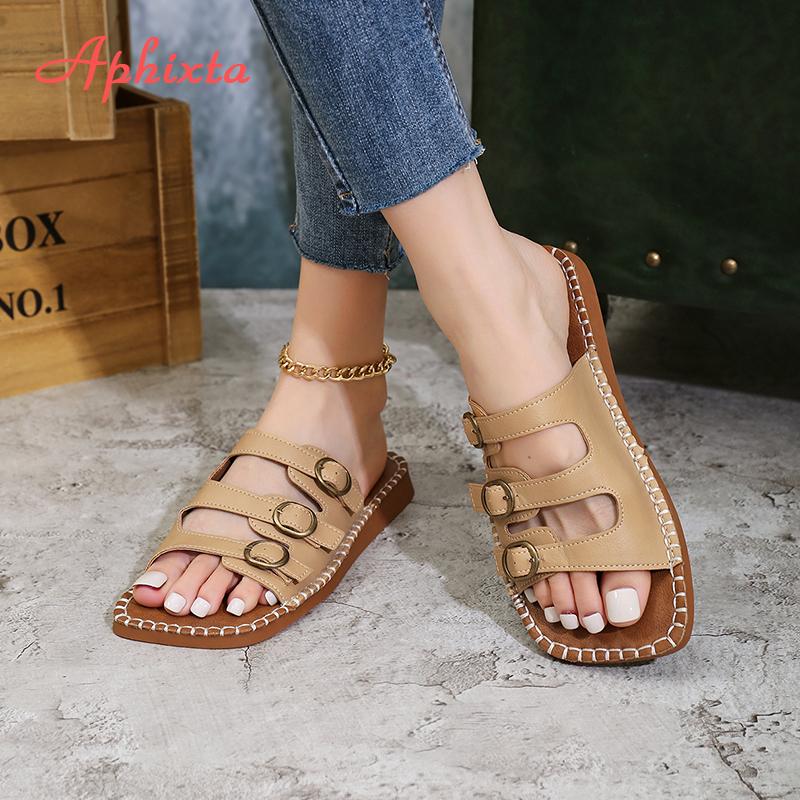 Fashion Aphixta Concise Summer Flat With Slides Metal Buckle Woman Slippers Square Toe Flip Flops TPR Sole Beach Shoes Flat Sandals