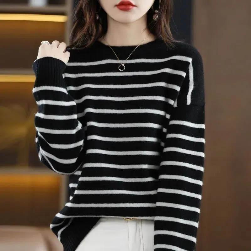 Sweater for Women Winter Stripe Pullover Warm Knitted Stretchy Long Sleeve Oversize Jumper Tops