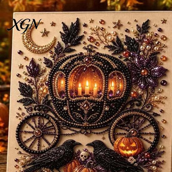 Interactive Parent Child Crafts Halloween Faux Pearl Art Kit, Pumpkin Ghost DIY Painting Theme Bead 3D Craft Set for Adults, Handmade Wall Stress
