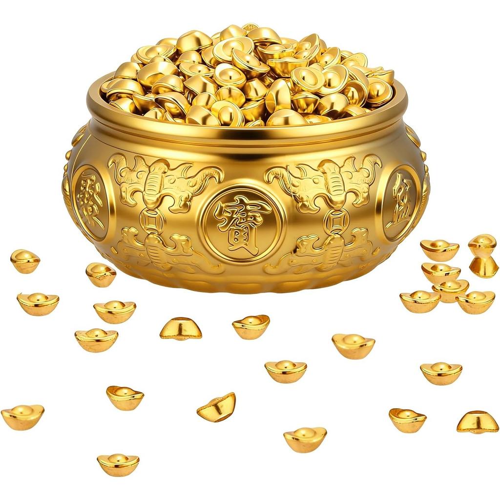 Golden Treasure Basin with 400pcs Ingot Yuan Bao Good Luck Wealth Prosperity Figurine for Home Office Decor Housewarming Gift
