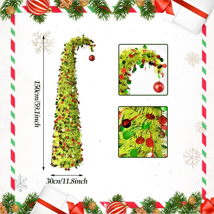 Brad de Crăciun Artificial Înclinabil cu Lumină LED Colorată Curbată de 5m, Glob Roșu, Două Tipuri de Iluminare, Brad Artificial de Pin cu Paiete Circulare, Crăciun