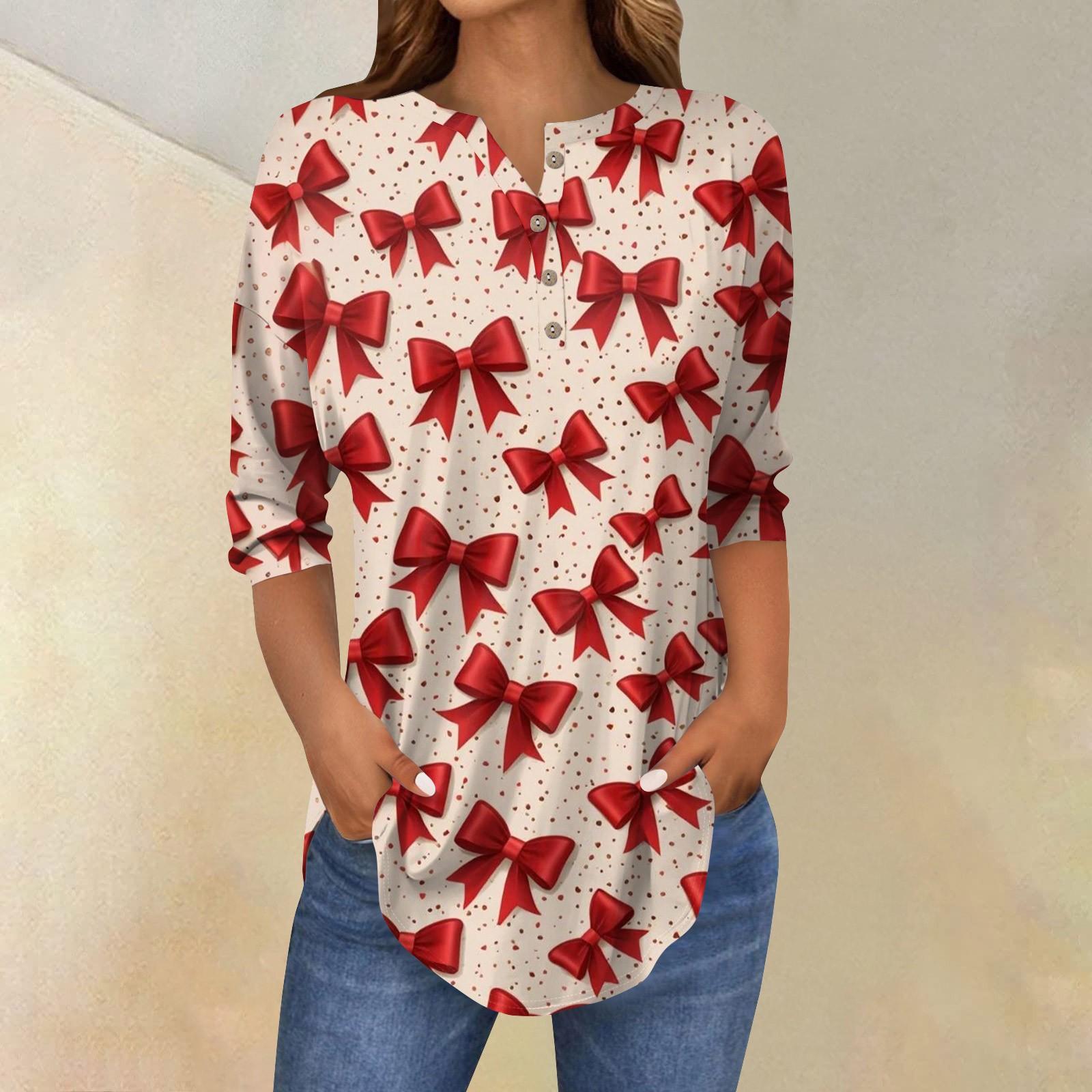 

Женская повседневная свободная футболка с принтом банта на пуговицах и рукавами три четверти M красный