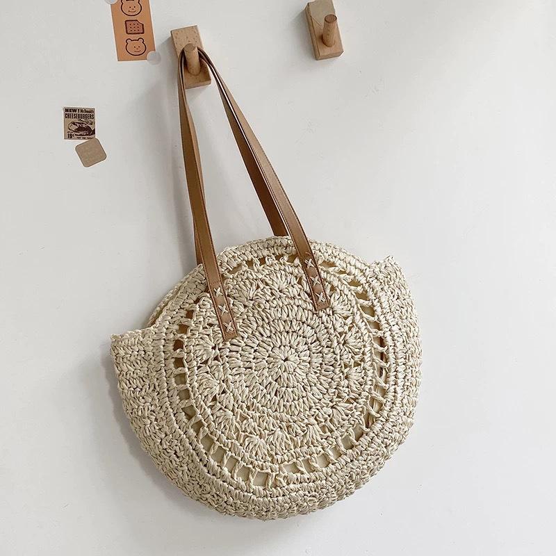Versatile round straw woven bag custom seaside vacation handwoven bag large capacity shoulder beach tote bag women Edge zipper