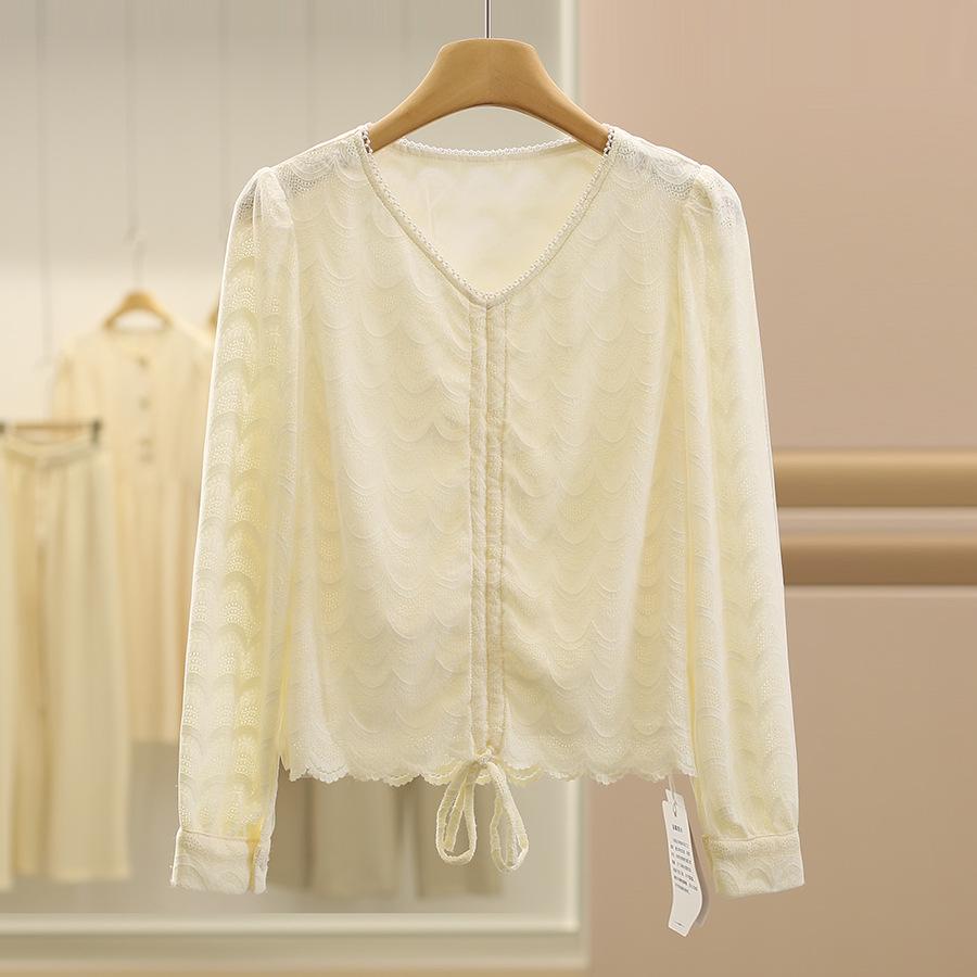 

Hanfeng Beaded V-Neck Ruched Slimming Shirt for Autumn Medium грязно-белый