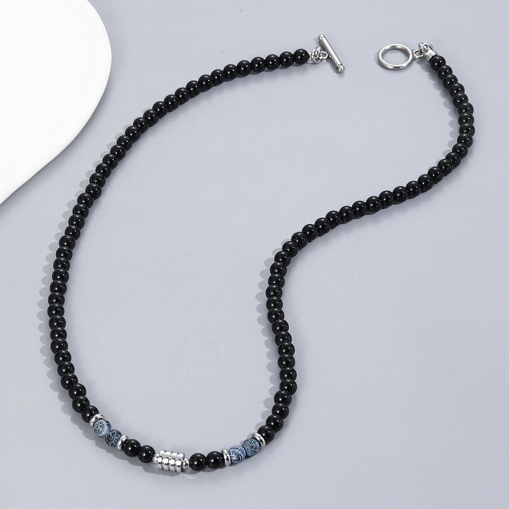Men's Beaded Necklace with Stainless Steel and Tiger's Eye Stone Beads.