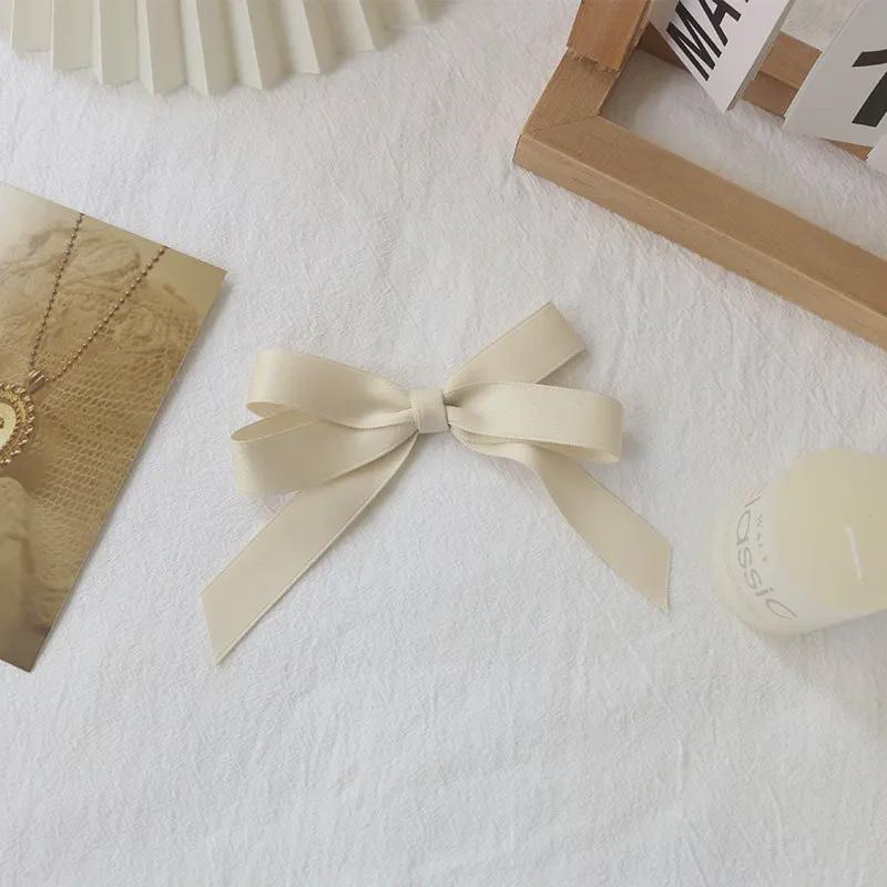 Beige Satin Ribbon Hair Set: French Bow, Japanese Sweet Style Hair Rope, Double Ponytail Clip, Bangs Accessory