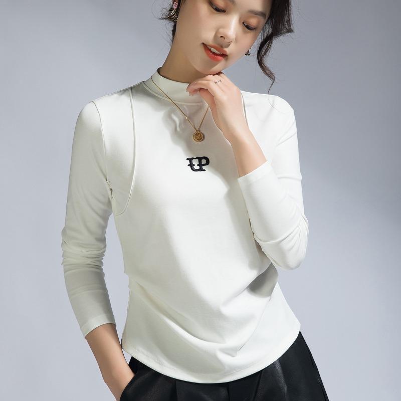 Letter Embroidery Semi-turtleneck Long-sleeved T-shirt Women's Summer New Fishbone Curved Hem Design Waist Top