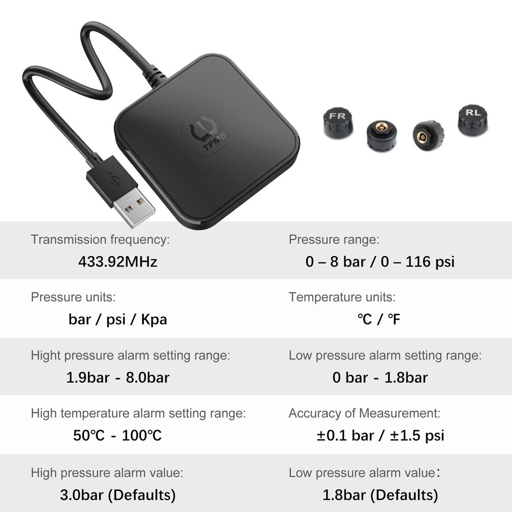 USB TPMS Tire Pressure Monitoring System with 4 External Sensors 0-116PSI Wireless Transmission TPMS for Android Car DVD